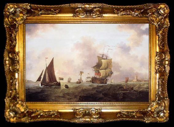 framed  Francis Swaine A two-decker of the Royal Navy and other shipping off St.Peter Port, ta009-2